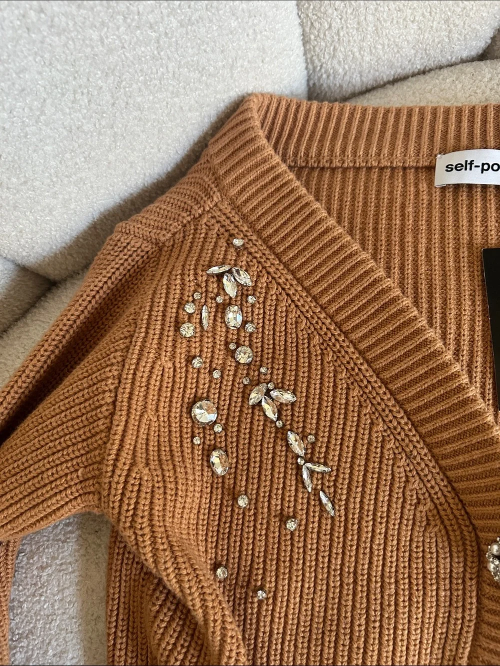 Self-Portrait Camel Off-Shoulder Jeweled Crop Sweater